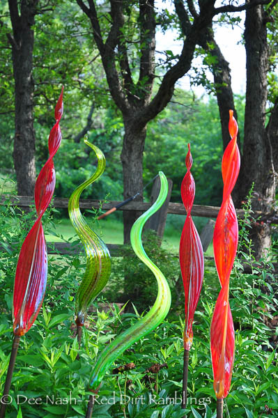 The red and green glass leaves in the back garden.