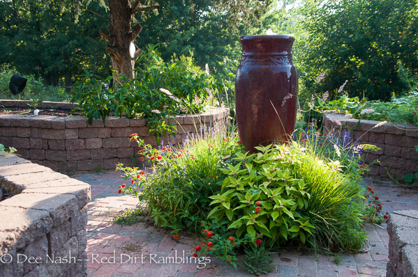 August Garden Observations. I really like the plant combinations around the red fountain this year. Pineapple sage, 'Dallas Red' lantana, 'Pink Crystals' ruby grass and 'Victoria Blue' salvia (returned from last year.)